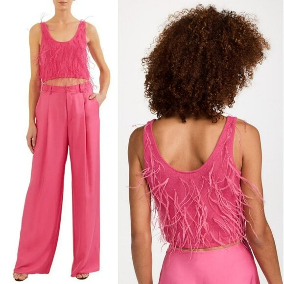 NEW Lapointe Cashmere Ostrich Feather Embroidered Crop Top Hot Pink Boho Chic - Picture 2 of 11